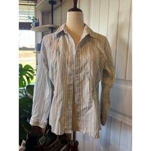 Napa Valley Petites Striped Embroidered Button Down Shirt Women's Size M